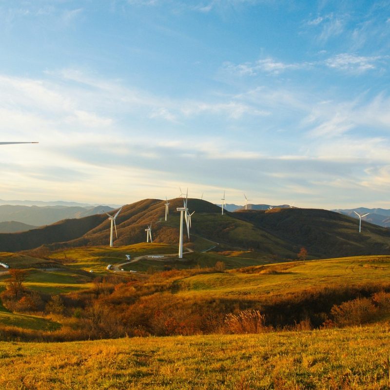 scenic view of a green grassy hill adorned with several wind turbines, symbolizing renewable energy and sustainability