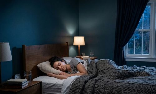 Woman peacefully sleeping in a cosy bedroom at night, with a bedside lamp and a thick knitted blanket