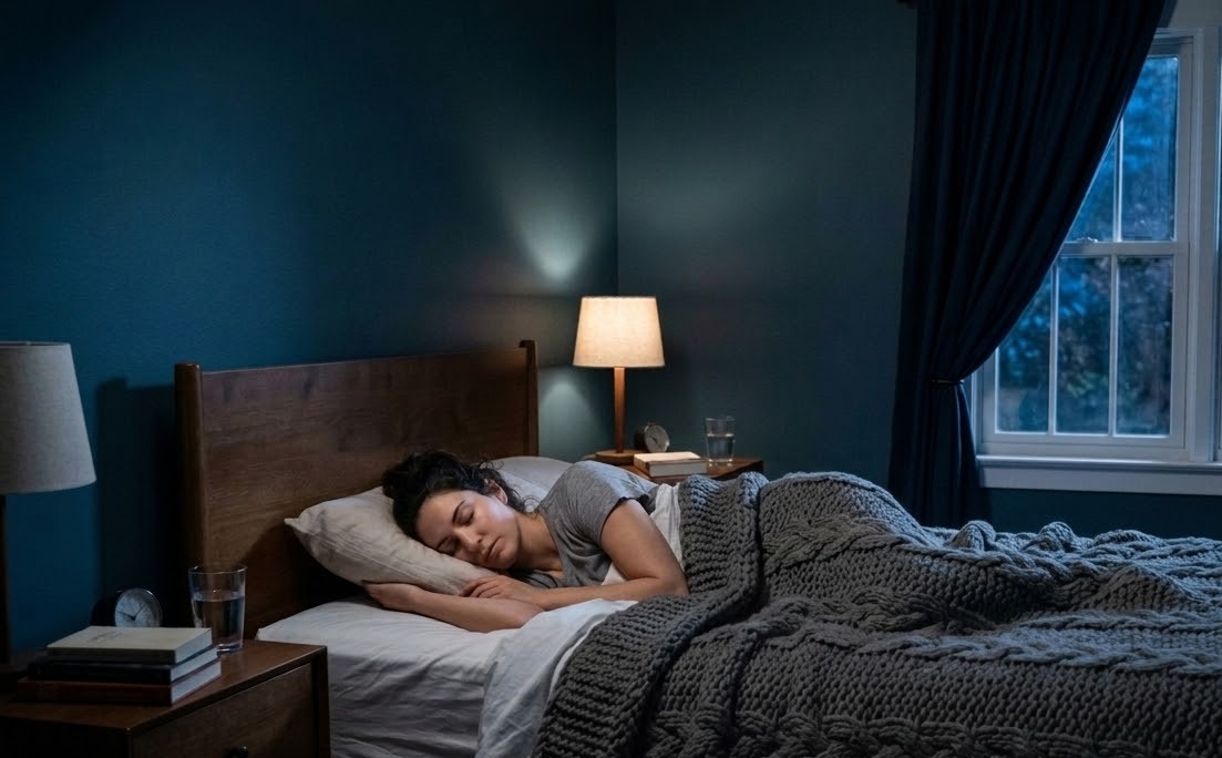 Woman peacefully sleeping in a cosy bedroom at night, with a bedside lamp and a thick knitted blanket