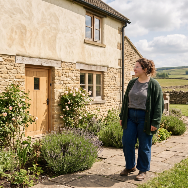A woman stands outside a rustic stone cottage, surrounded by greenery and a clear blue sky