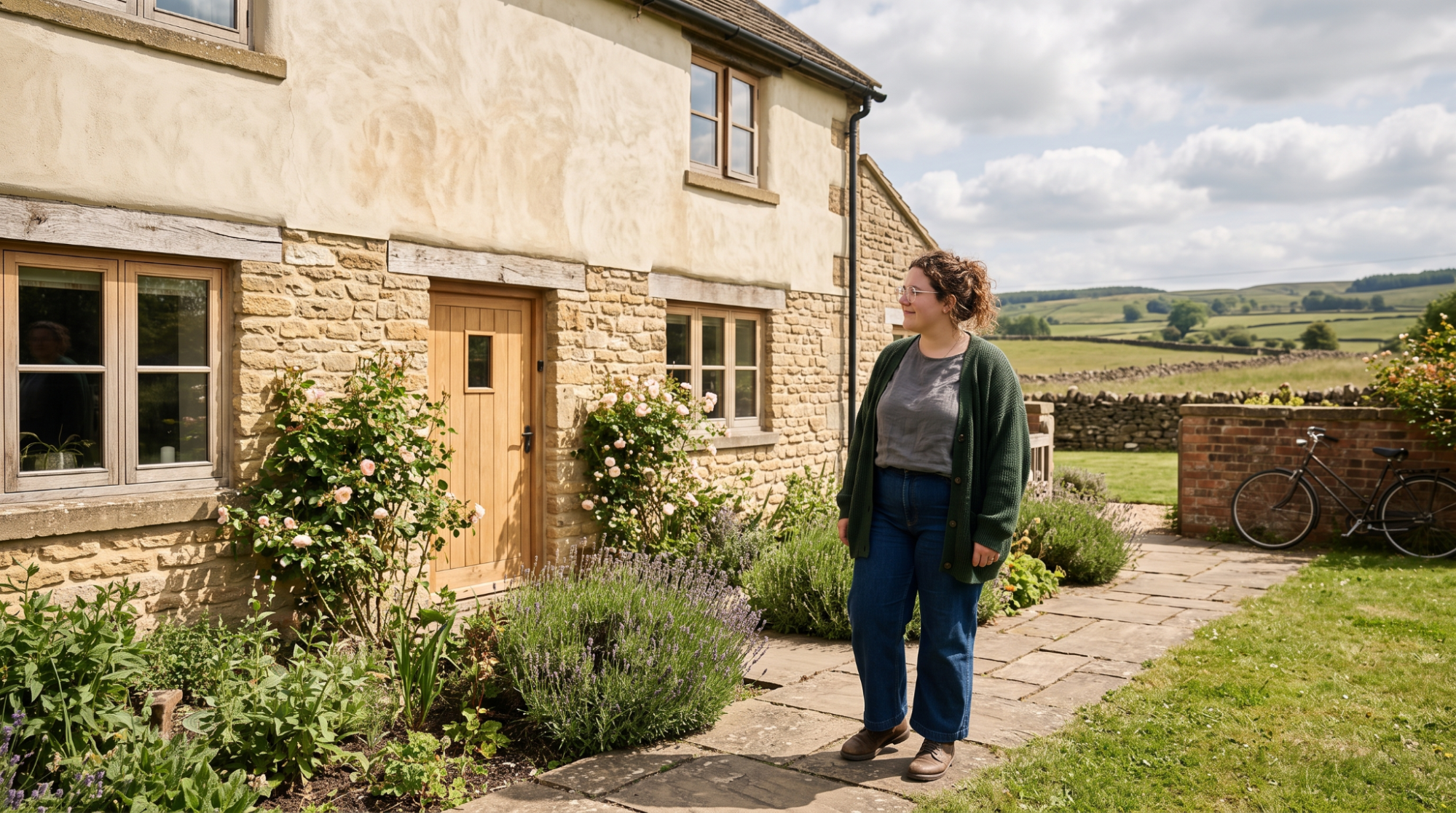 A woman stands outside a rustic stone cottage, surrounded by greenery and a clear blue sky